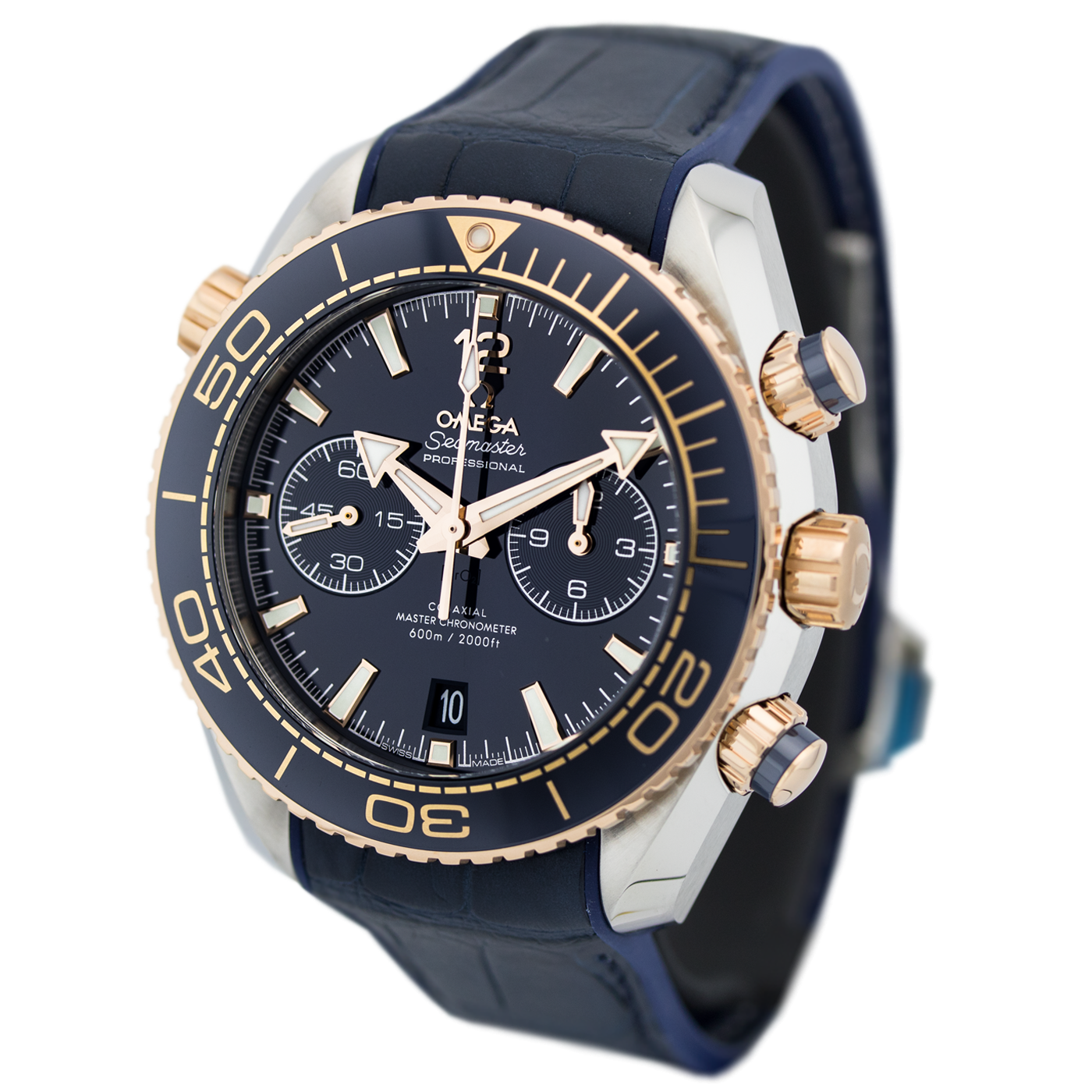 Seamaster Planet Ocean 600M 45.5 mm steel ‑ Sedna gold on leather strap with rubber lining